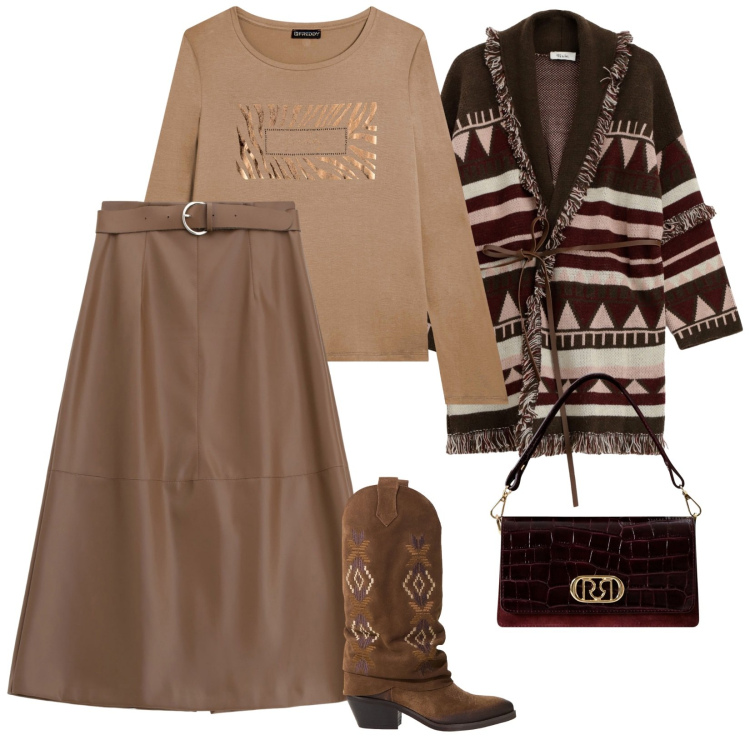 Outfit donna - A lavoro. per Scuola/Università. Abbinamento con borse a mano, gonne lunghe, t-shirt, stivali, cappotti.