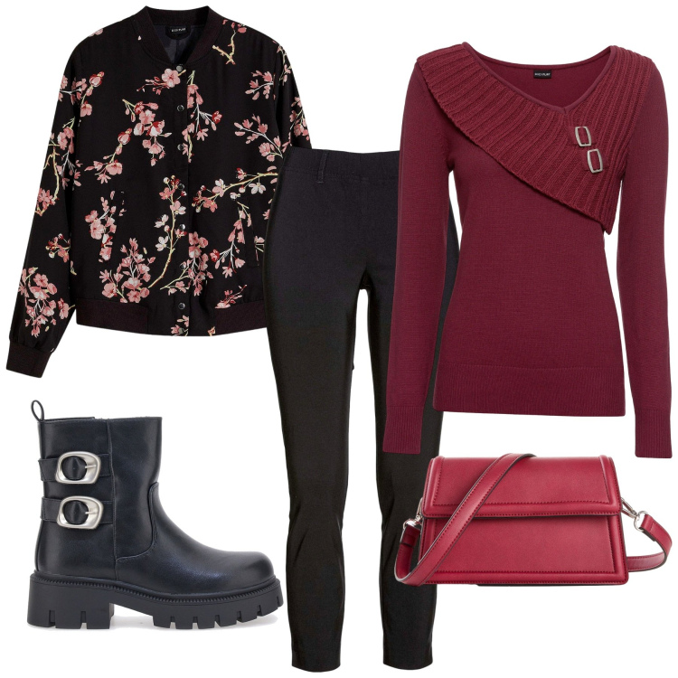 Outfit donna - Total look #2244735. Stile Minimal per Tutti i giorni. Abbinamento con bomber, maglieria, pantaloni, borse a tracolla, stivaletti.