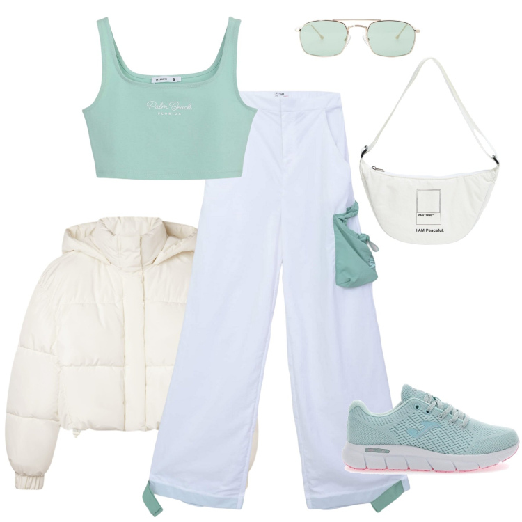 Outfit donna - In forma ma con stile. Stile Sporty chic per Sport. Abbinamento con marsupi, top, pantaloni, bomber, occhiali da sole, sneakers.