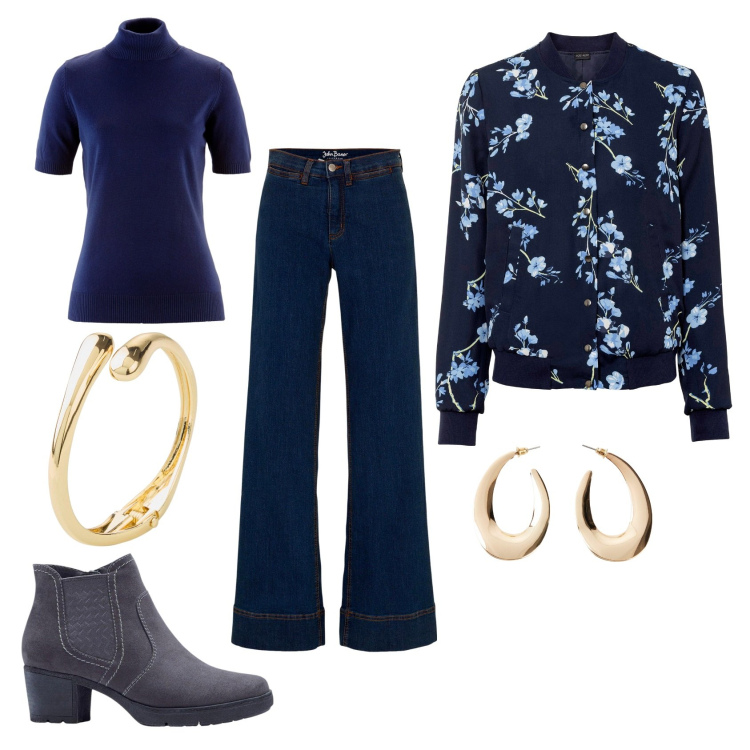 Outfit donna - Sofisticato casual chic. Abbinamento con bomber, maglieria, jeans, stivaletti, orecchini, braccialetti.