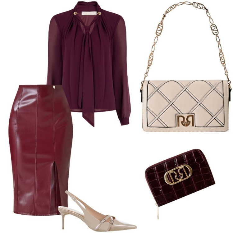 Outfit donna - Cena di anniversario. Stile Chic per Serata fuori. Abbinamento con gonne longuette, bluse, portafogli, borse a tracolla, décolleté.