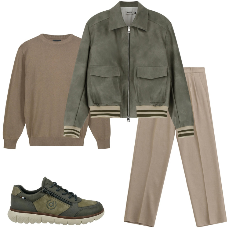 Outfit uomo - Autumn style. Stile Urban per Ufficio. Abbinamento con bomber, pantaloni, maglieria, sneakers.