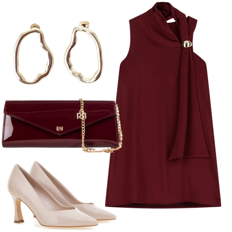 Outfit donna - Bordeaux. Stile Chic per Serata fuori. Abbinamento con pochette, vestiti corti, orecchini, décolleté.