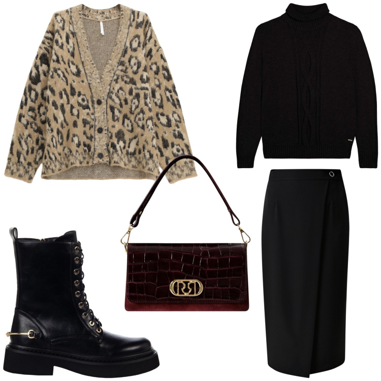 Outfit donna - Fall trends. Stile Glamour per Tutti i giorni. Abbinamento con gonne, anfibi, borse a mano, cardigans, maglieria.