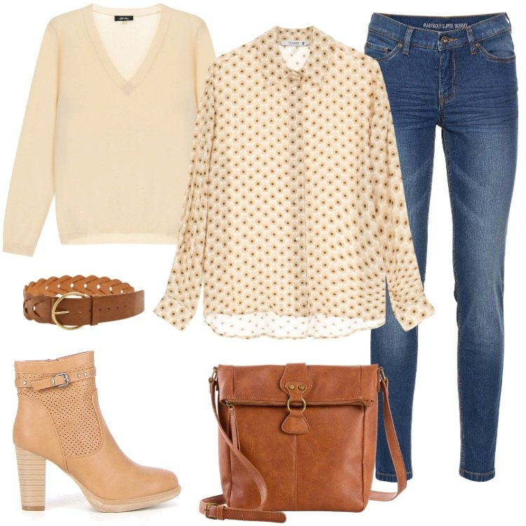 Outfit donna - Total look #2244768. Stile Sporty chic per Ufficio. Abbinamento con jeans skinny, borse a tracolla, cinture, camicie, pullovers, stivaletti.