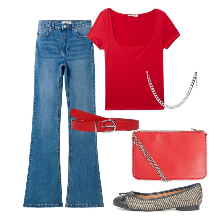 Outfit donna - Buon rientro. Stile Romantica per Tutti i giorni. Abbinamento con t-shirt, borse a tracolla, cinture, collane, jeans a zampa, ballerine.