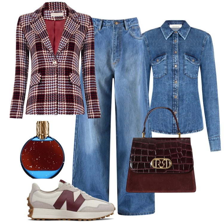 Outfit donna - Dettagli bordeaux in città. Stile Casual chic per Tutti i giorni. Abbinamento con profumi, sneakers, blazer, camicie, jeans, borse a mano.