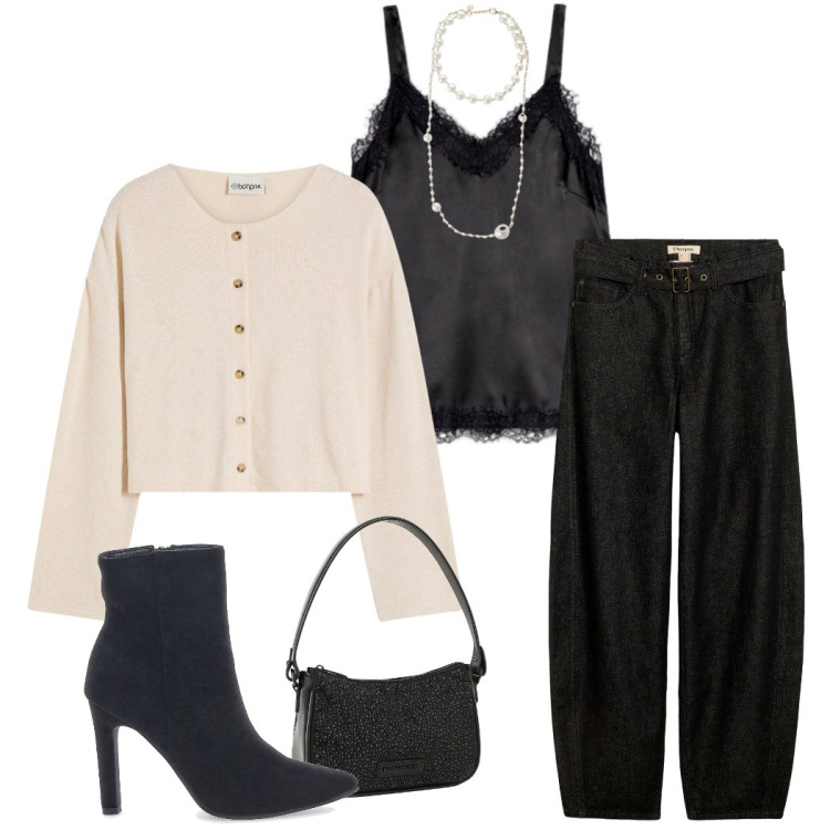 Outfit donna - Pizzo e sporty. Stile Sporty chic per Serata fuori. Abbinamento con jeans, cardigans, borse a mano, collane, stivaletti, canottiere.