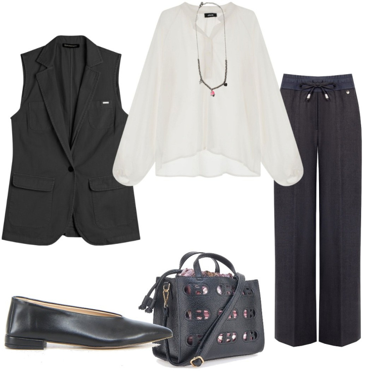 Outfit donna - La camicia bianca. Stile Casual chic per Ufficio. Abbinamento con pantaloni, gilet, ciondoli, camicie, borse a mano, ballerine.