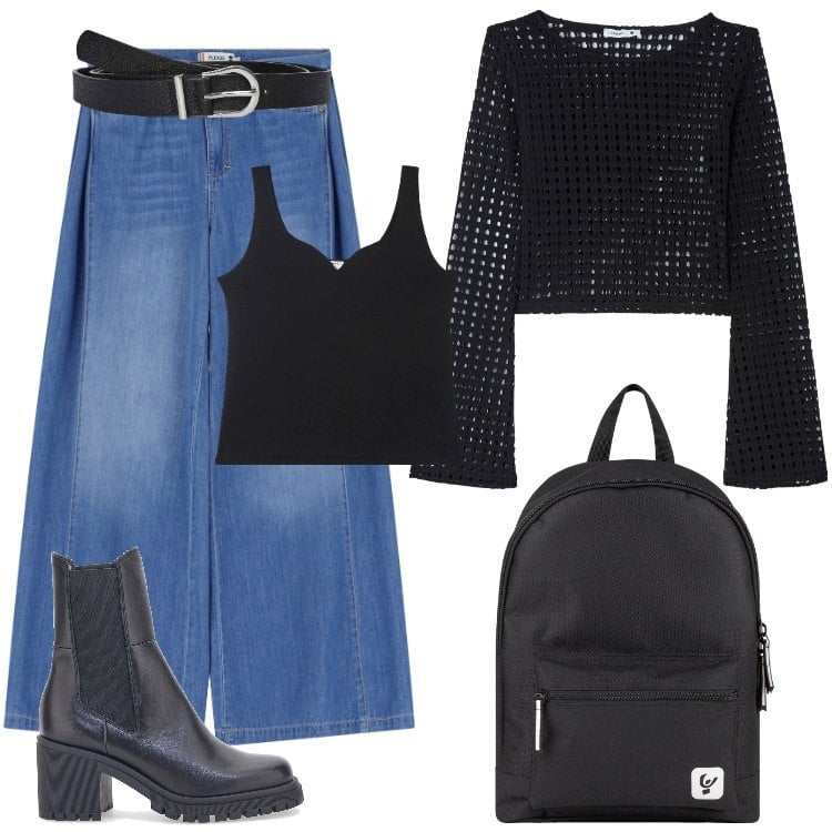 Outfit donna - Total look #2244789. Stile Vintage retrò per Ufficio. Abbinamento con maglieria, canottiere, cinture, jeans, zaini, stivaletti.
