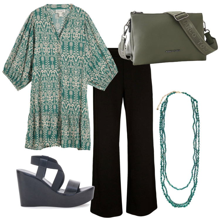 Outfit donna - Un po\' vintage. Stile Vintage retrò per Tutti i giorni. Abbinamento con vestiti, borse a tracolla, pantaloni a palazzo, collane, zeppe.