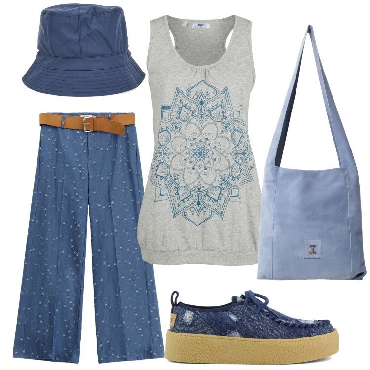 Outfit donna - Blu e fantasia. Stile 70s per Tutti i giorni. Abbinamento con canottiere, pantaloni, borse a tracolla, mocassini, berretti.