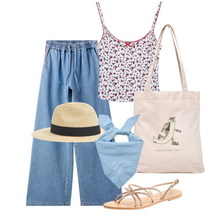 Outfit donna - Ritorno senza pensieri. Stile Sporty chic per Tutti i giorni. Abbinamento con sandali, cappelli, canottiere, jeans, foulard, shopping bag.