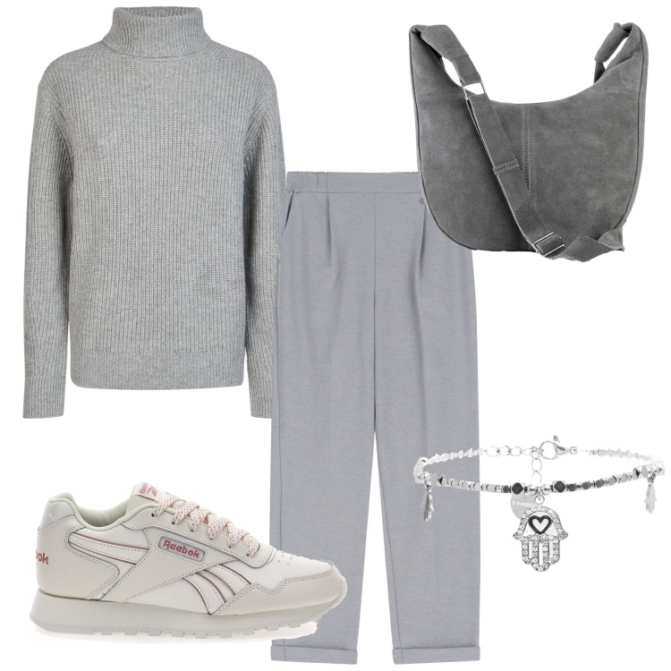 Outfit donna - Comoda in grigio. Stile Casual per Tutti i giorni. Abbinamento con borse a mano, braccialetti, pantaloni, maglieria, sneakers.