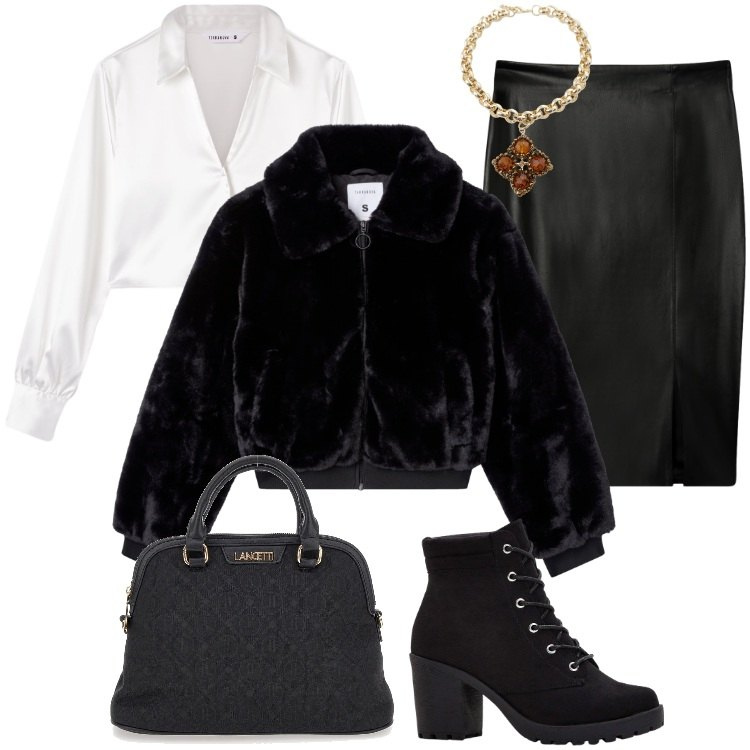 Outfit donna - Total look #2244800. Stile Basic per Ufficio. Abbinamento con stivaletti, camicie, gonne longuette, ecopellicce, collane, borse a spalla.