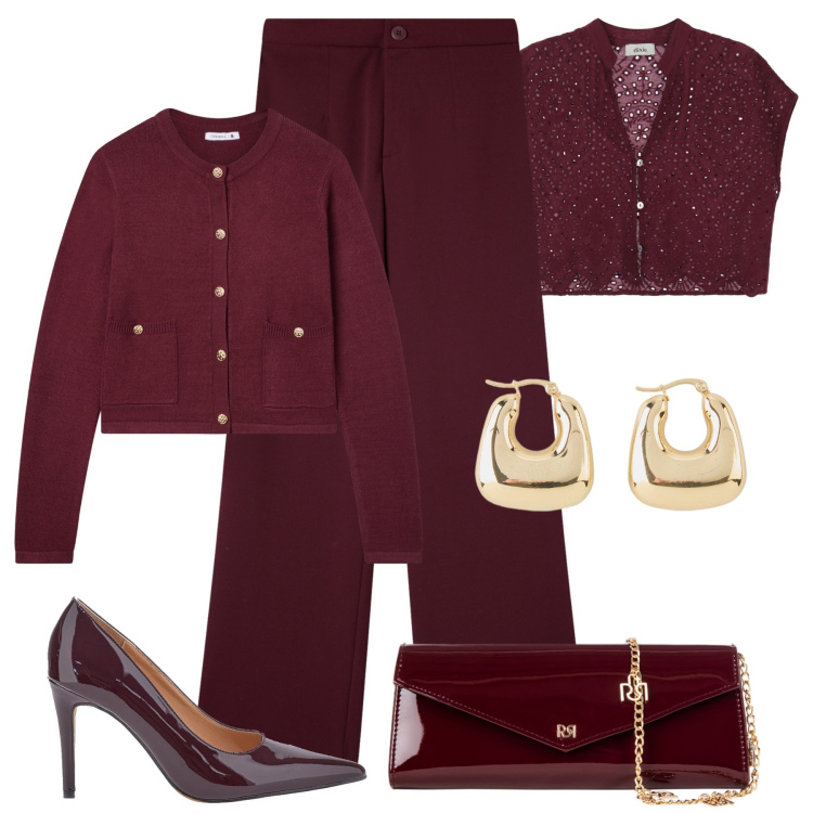 Outfit donna - Serata bordeaux mood. Stile Chic per Serata fuori. Abbinamento con orecchini, pantaloni, cardigans, pochette, camicie, décolleté.