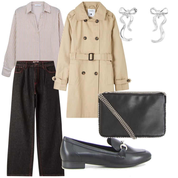 Outfit donna - Autunno con stile. Stile Casual per Tutti i giorni. Abbinamento con jeans dritti, trench, camicie, borse a tracolla, orecchini, mocassini.