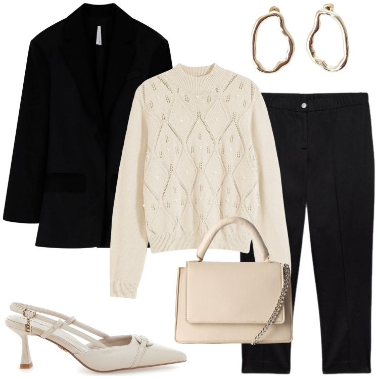 Outfit donna - Total look #2244825. Stile Casual per Ufficio. Abbinamento con maglieria, borse a tracolla, blazer, orecchini, décolleté, pantaloni chino.