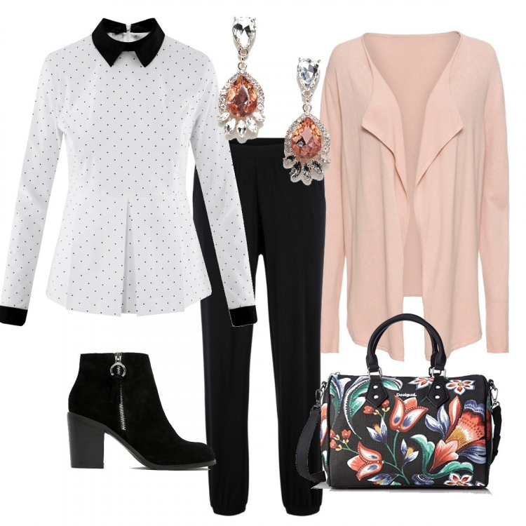 Outfit donna - La camicia perfetta. Stile Bon Ton per Ufficio. Abbinamento con cardigans, pantaloni, camicetta aderente bianco, borsa nero, stivaletti effetto scamosciato, orecchini pendenti con strass farfalla rosa e oro.