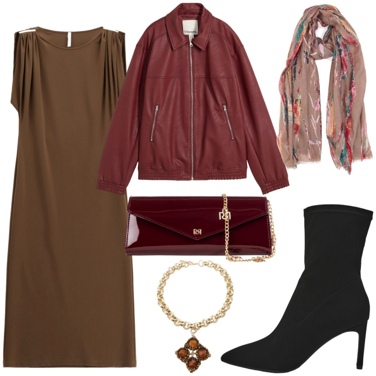 Outfit donna - Bordeaux mood 2. Stile Casual chic per Serata fuori. Abbinamento con blazer, stivali, pochette, vestiti lunghi, collane, foulard.
