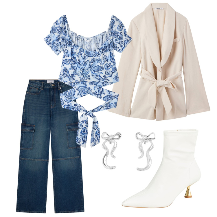 Outfit donna - Total look #2244832. Stile Casual chic per Serata fuori. Abbinamento con stivaletti, bluse, orecchini, blazer, jeans.