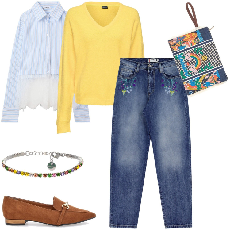 Outfit donna - Jeans a gamba dritta. Stile Casual per Ufficio. Abbinamento con maglieria, camicie, jeans dritti, braccialetti, mocassini, pochette.