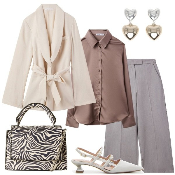 Outfit donna - sfumature. Stile Casual chic per Ufficio. Abbinamento con blazer, pantaloni a palazzo, orecchini, camicie, borse a tracolla, décolleté.