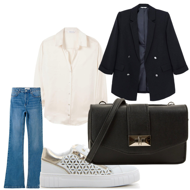 Outfit donna - This is me. Stile Casual per Tutti i giorni. Abbinamento con blazer, camicie, borse a tracolla, jeans a zampa, sneakers.