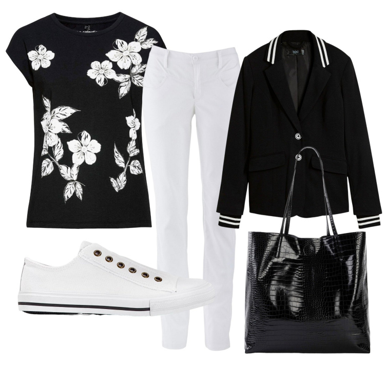 Outfit donna - Nero e bianco. Stile Minimal per Tutti i giorni. Abbinamento con maglieria, pantaloni, blazer, sneakers, shopping bag.
