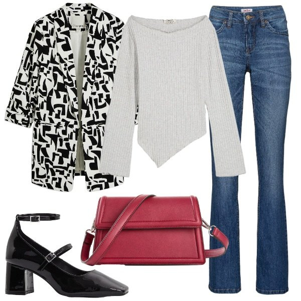 Outfit donna - jeans e blazer fantasia. Stile Casual chic per Scuola/Università. Abbinamento con jeans bootcut, borse a tracolla, maglieria, blazer, décolleté.