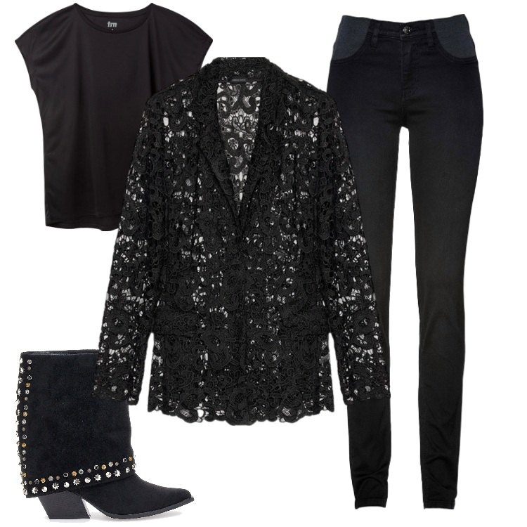 Outfit donna - Total look #2244854. Stile Trendy per Serata fuori. Abbinamento con jeans skinny, t-shirt, stivaletti texani, blazer.