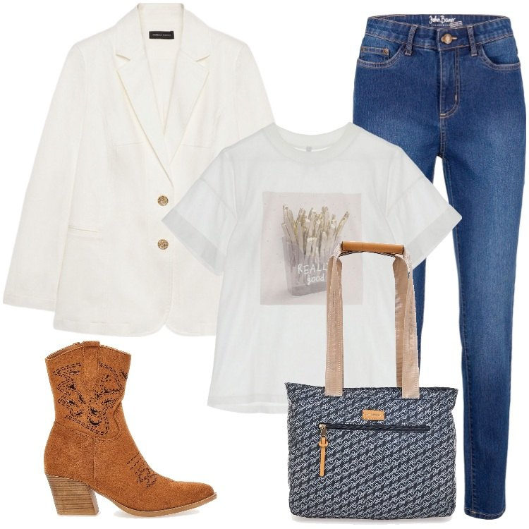 Outfit donna - Total look #2244857. Stile Urban per Ufficio. Abbinamento con jeans skinny, t-shirt, blazer, stivaletti texani, borse a spalla.