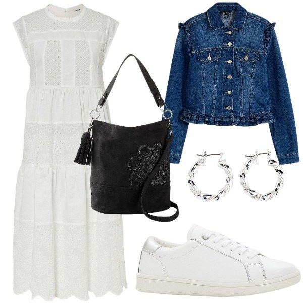 Outfit donna - giubbino di jeans. Stile Sporty chic per Scuola/Università. Abbinamento con blazer, vestiti midi/longuette, sneakers, orecchini, borse a mano.