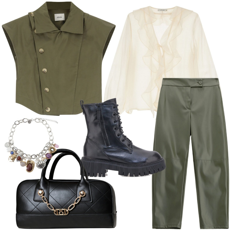 Outfit donna - Pinterest Inspiration x Bantoa. Stile Military per Tutti i giorni. Abbinamento con borse a mano, pantaloni, gilet, braccialetti con ciondoli, camicie, anfibi.