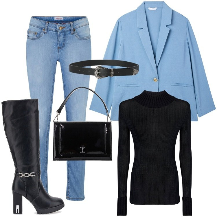 Outfit donna - Total look #2244863. Stile Casual chic per Ufficio. Abbinamento con jeans skinny, blazer, cinture, borse a tracolla, stivali, maglieria.