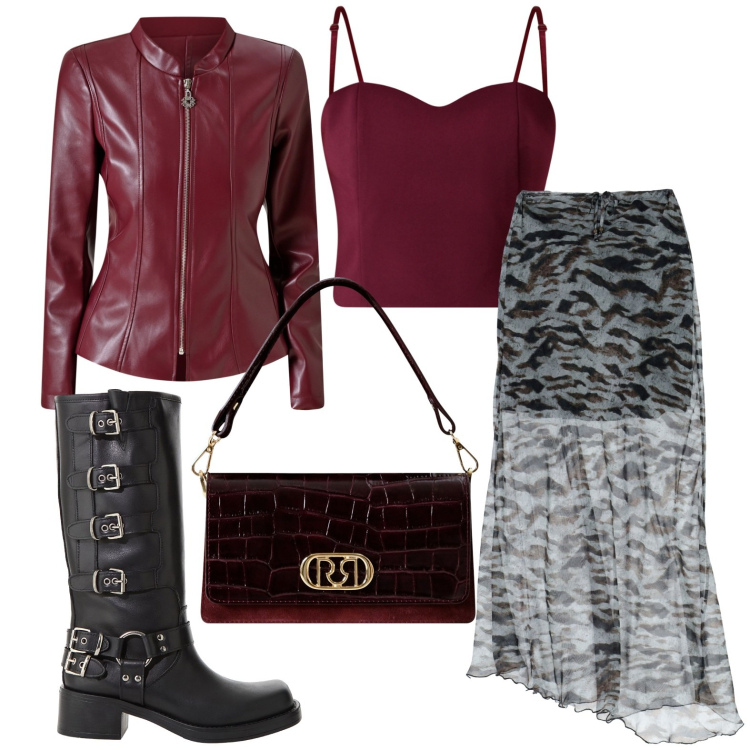 Outfit donna - Bordeaux Mood. Stile Glamour per Serata fuori. Abbinamento con top, blazer, borse a mano, gonne lunghe, stivali.