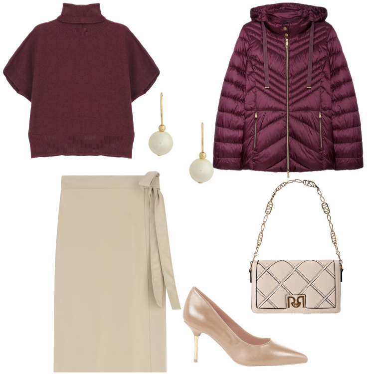 Outfit donna - Eleganza autunnale. Stile Casual chic per Serata fuori. Abbinamento con décolleté, borse a tracolla, maglieria, gonne longuette, orecchini, piumini.