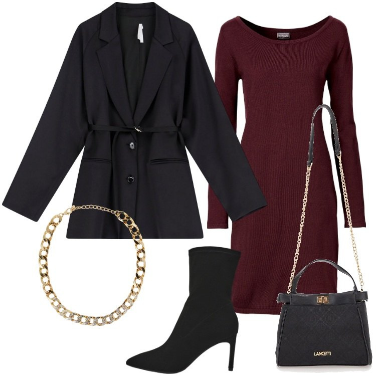 Outfit donna - Total look #2244868. Stile Casual chic per Ufficio. Abbinamento con vestiti lunghi, collane, stivali, blazer, borse a tracolla.