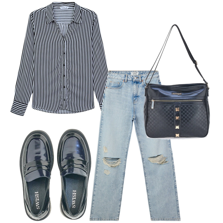 Outfit donna - La mezza stagione. Stile Casual chic per Scuola/Università. Abbinamento con camicie, jeans strappati, mocassini, borse a tracolla.