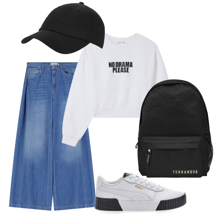Outfit donna - W la scuola. Stile Basic per Scuola/Università. Abbinamento con felpe, zaini, cappelli con visiera, jeans, sneakers.