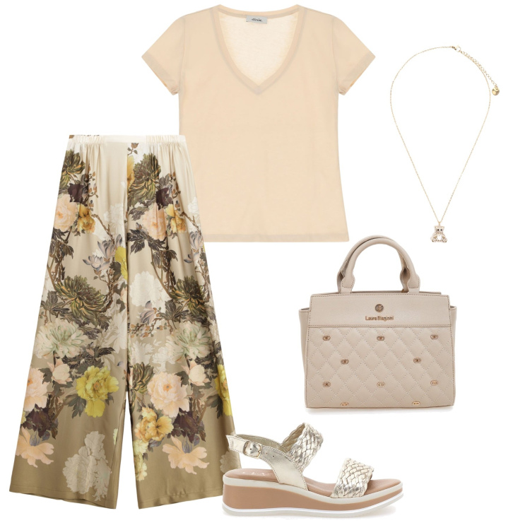 Outfit donna - Una giornata in fiore. Stile Casual per Tutti i giorni. Abbinamento con pantaloni a palazzo, ciondoli, t-shirt, borse a mano, sandali.