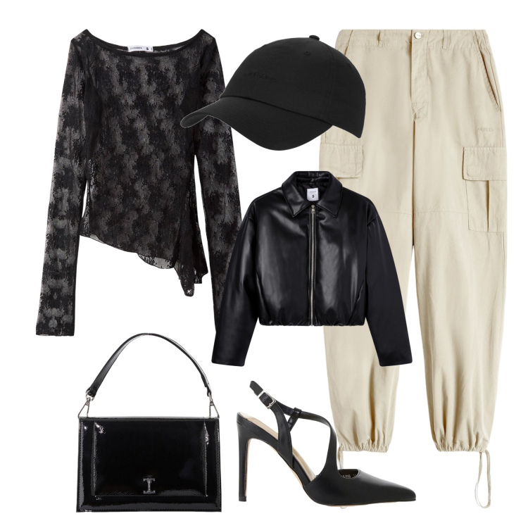 Outfit donna - Contrasti!. Stile Sporty chic per Serata fuori. Abbinamento con maglieria, giacche, cappelli con visiera, décolleté, borse a tracolla, pantaloni cargo.