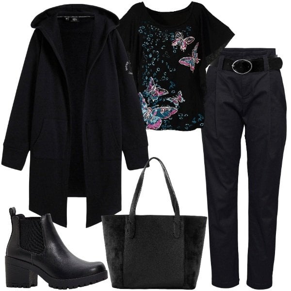 Outfit donna - farfalle. Stile Basic per Tutti i giorni. Abbinamento con blazer, shopping bag, stivaletti chelsea, bluse, pantaloni.
