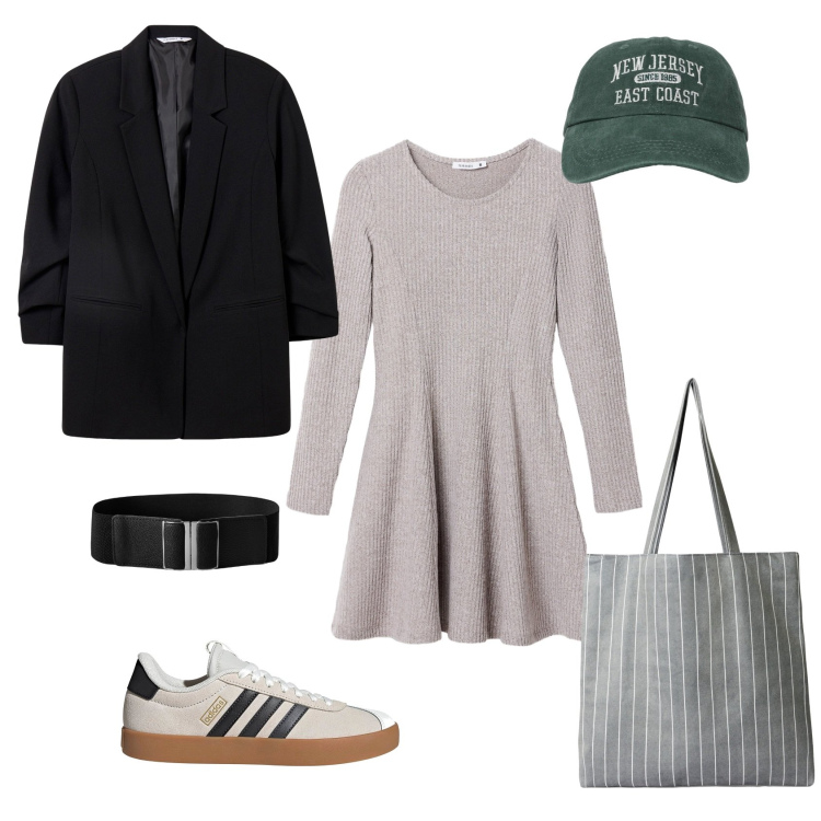 Outfit donna - Passeggiata d\'autunno. Stile Casual per Tutti i giorni. Abbinamento con shopping bag, blazer, cinture, cappelli con visiera, vestiti corti, sneakers.
