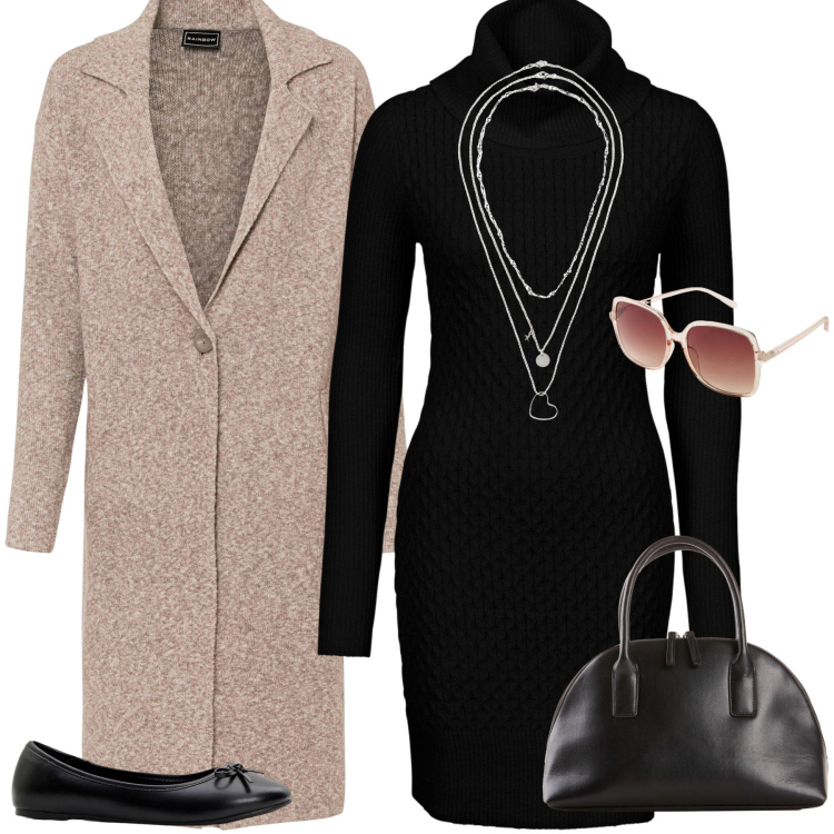 Outfit donna - Eleganza raffinata. Stile Chic per Tutti i giorni. Abbinamento con cappotti, vestiti, ballerine, collane, occhiali da sole, shopping bag.