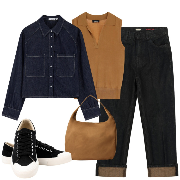Outfit donna - I jeans doppelganger. Stile Casual per Tutti i giorni. Abbinamento con borse a mano, camicie, maglieria, jeans dritti, sneakers.