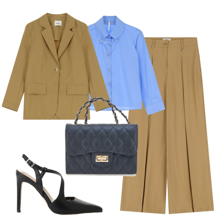 Outfit donna - Settembre. Stile Urban per Tutti i giorni. Abbinamento con décolleté, camicie, blazer, pantaloni a palazzo, borse a tracolla.