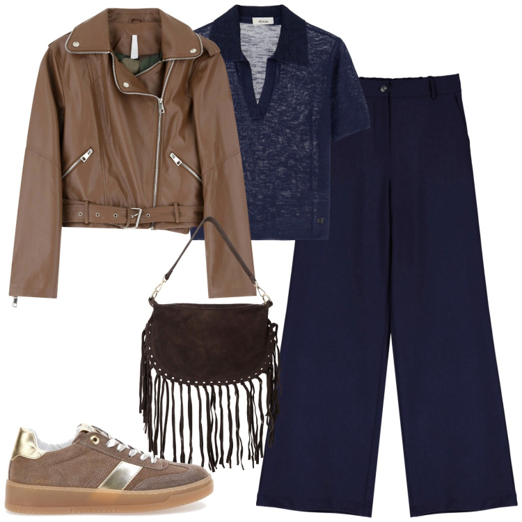 Outfit donna - Blu accessori marroni. Stile Casual chic per Tutti i giorni. Abbinamento con giacche, pantaloni a palazzo, borse a tracolla, maglieria, sneakers.