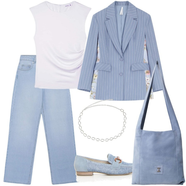 Outfit donna - Ripresa con stile. Stile Casual chic per Ufficio. Abbinamento con jeans, t-shirt, blazer, borse a tracolla, collane, mocassini.