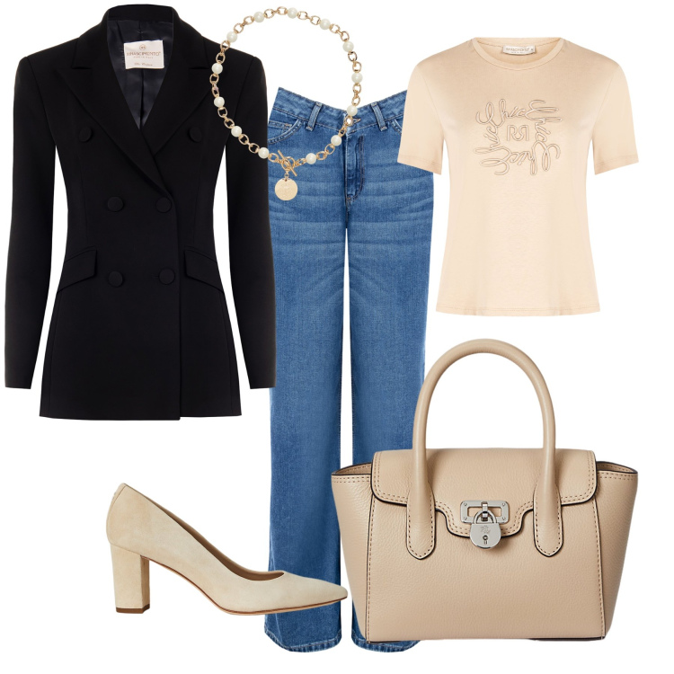 Outfit donna - Pioggia di fine estate…. Stile Casual chic per Ufficio. Abbinamento con jeans, blazer, t-shirt, collane, borse a mano, décolleté.